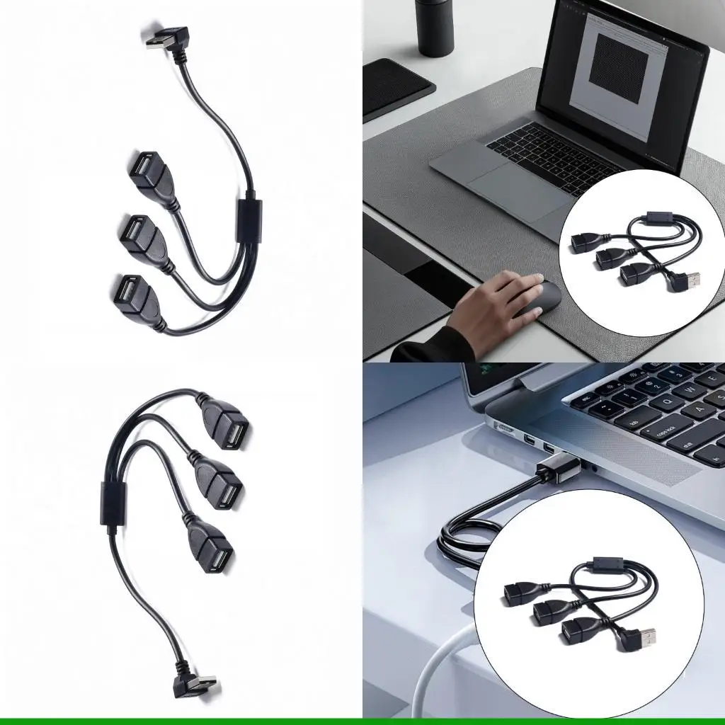 

U55C USB2.0 Splitter Adapter with Triple Female Port and 90 Degree Bend Facilitating Easy Connection for Various Peripherals