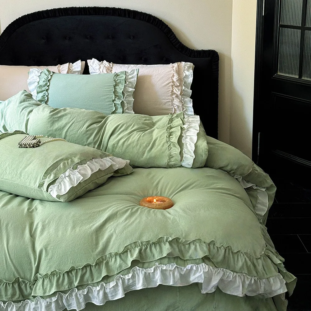 Princess Lace Ruffle 2/3Pcs Comforter Set Twin/Full/Queen/King/Single/Double Bedding Sets with Quilt Cover Marble Duvet Cover