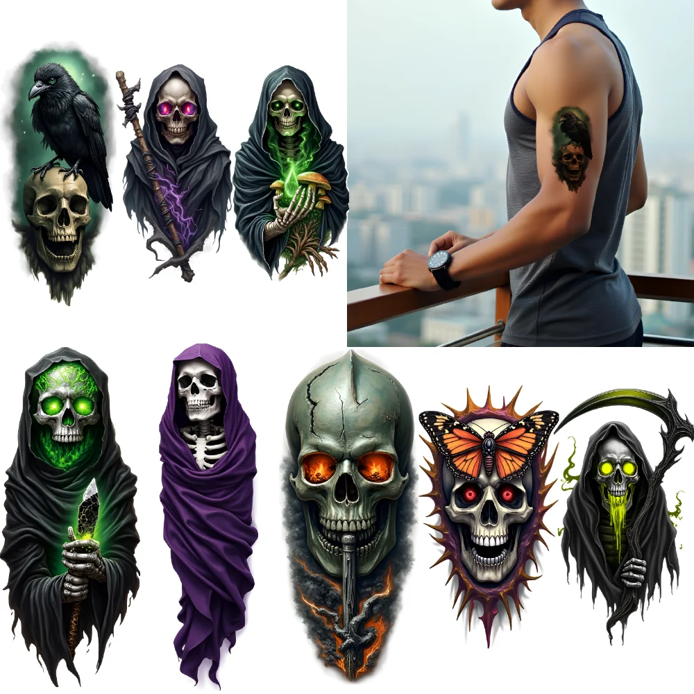 

3pcs Temporary Tattoo Skull With Raven Colorful Realism Skull With Butterfly Skull With Mushrooms For Thighs Women Men