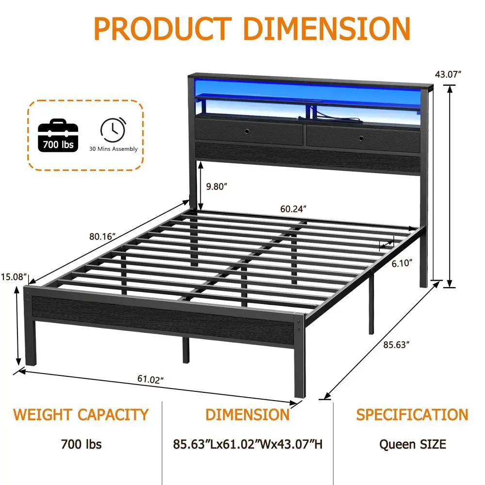 Queen Bed Frame with Headboard, Builtin Charging Station 3Tier Storage Shelves with LED Lights and 2 Fabric Drawers, Under Bed