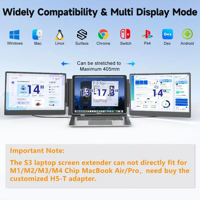 موسع شاشة الكمبيوتر المحمول، شاشة محمولة ثلاثية 14 بوصة FHD 1080P لأجهزة الكمبيوتر المحمولة 13-17 بوصة، موسع شاشة الكمبيوتر المحمول لنظام التشغيل Windows/Mac