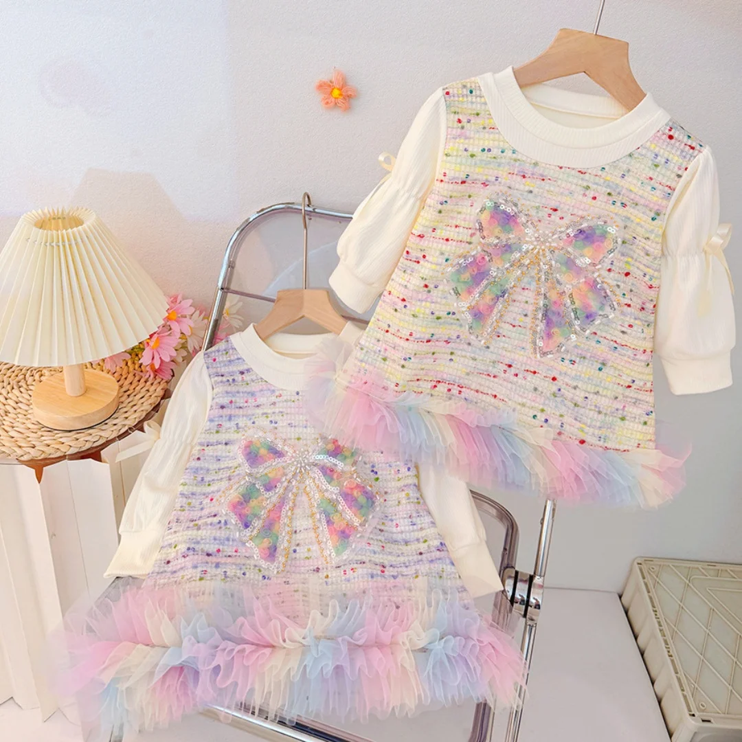 

Baby Girl Clothing Spring And Autumn Bow Sequins Spot Pattern Mesh Baby Girl Dress Cute Casual Girl Kid's Dress