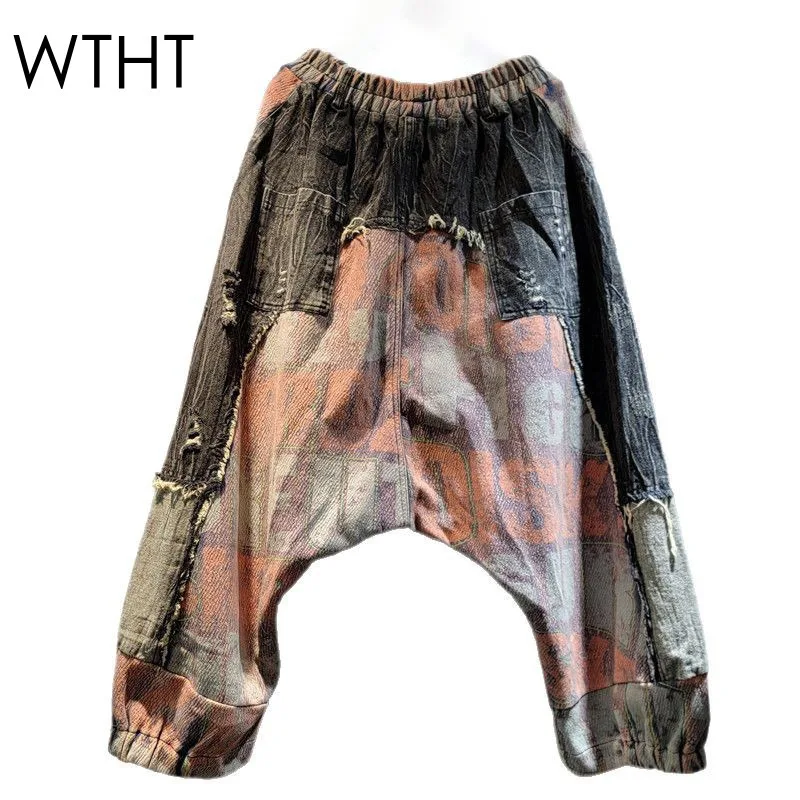 

WTHT Fashion Women Patchwork Print Design Denim Pants 2025 Spring Trendy New Elastic High Waist Loose Harem Jeans Female 1LS1147