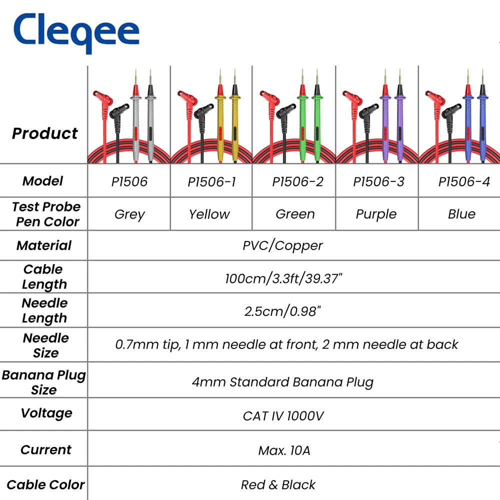 Cleqee P1506 2pcs Professional Digital Multimeter Probe Test Leads 1000V 10A Universal Needle Tip Multi Meter Tester Pen Cable