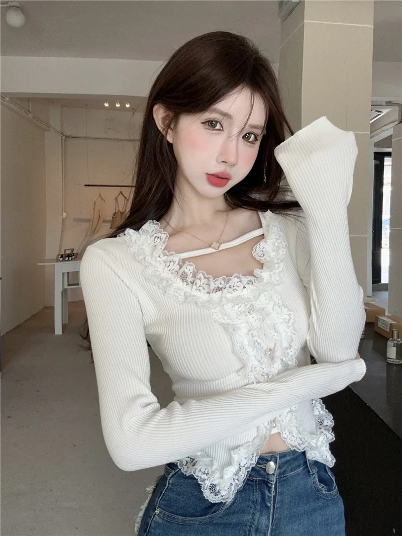 KUSAHIKI Chic Sweet Spicy Girl Knitwear 2024 Spring New Fashion Base Y2k Tops Korean Hit Color Lace Patchwork Knitted Sweaters