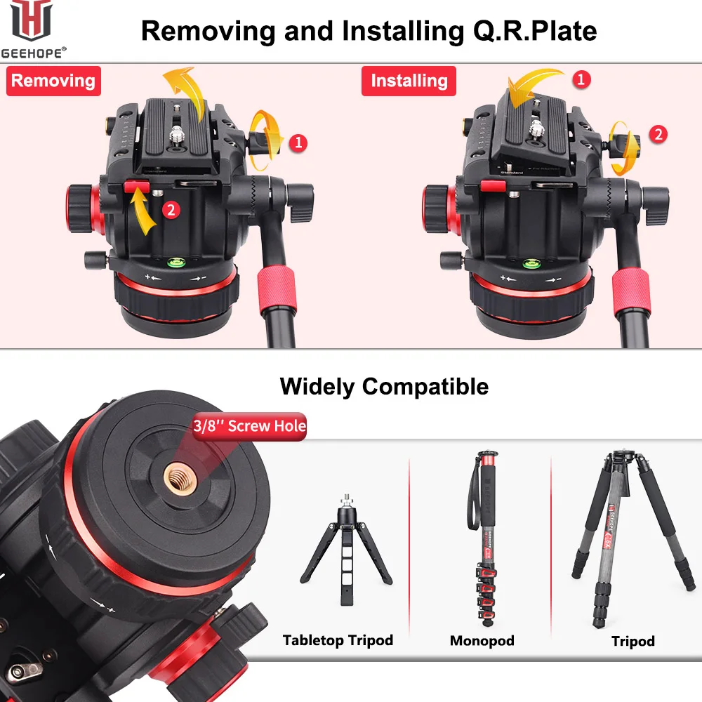 Geehope DF-12D Videokamera Stativ Flüssigkeits kopf mit flacher Basis und verstellbarem Griff, für Stativ, Ein beins tativ und DSLR, Maxload 12kg