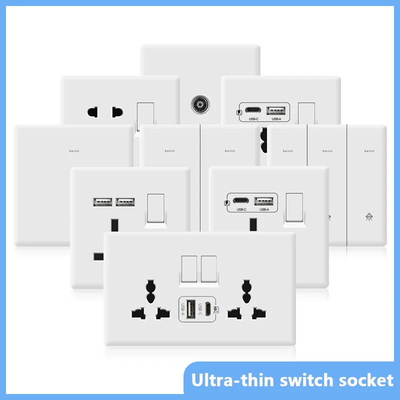 

UK 13A Wall Power Socket with USB Type-c 18W Quick Charge outlet Plug,White Universal light switch Double usb Electrical Socket