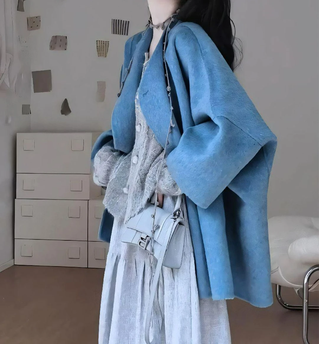 Autumn and Winter Double-sided Woolen Coat Women's New Temperament High Sense Loose Blue Thin Woolen Coat