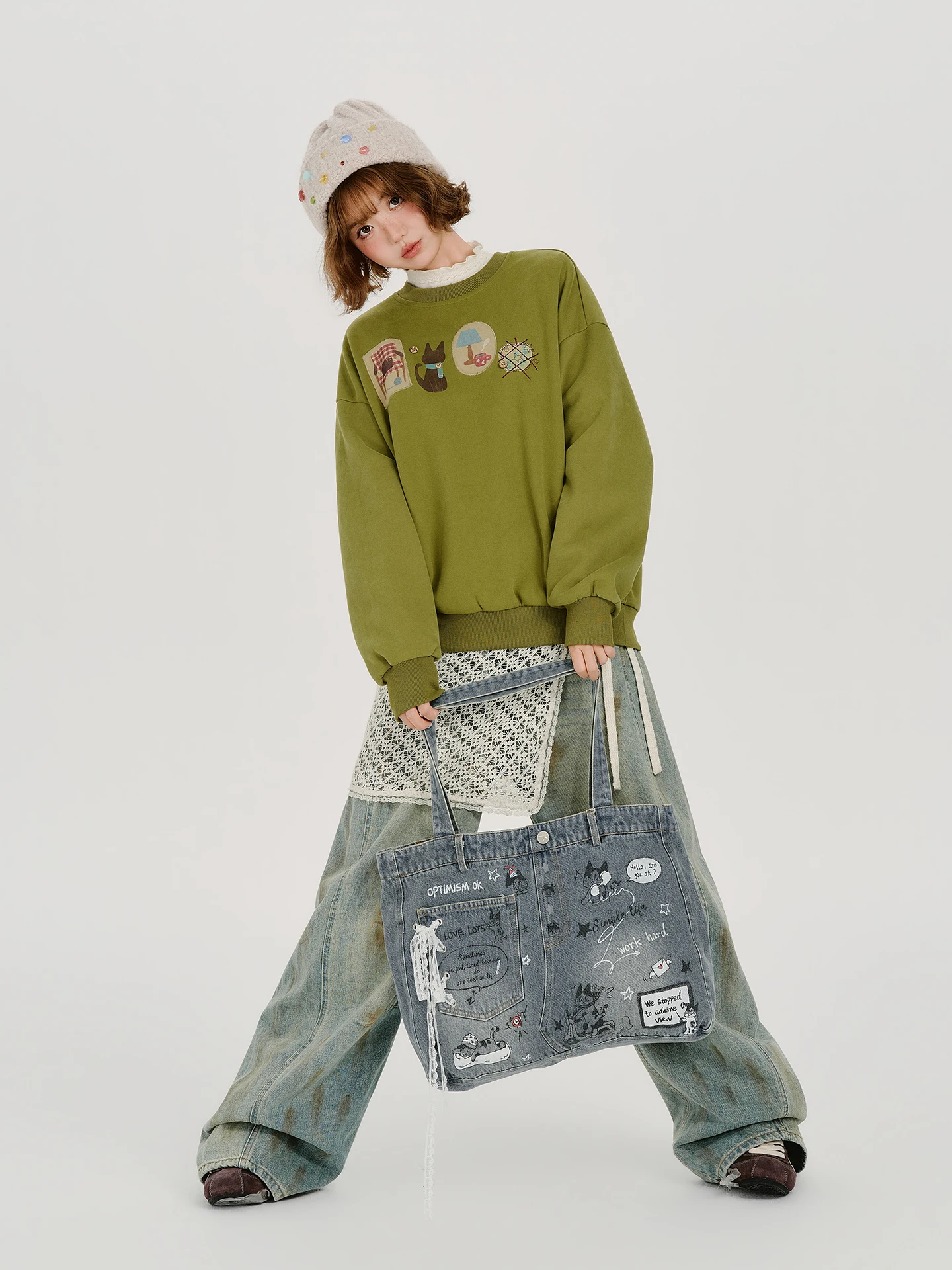 Girlyhalo American Retro Cartoon Graffiti Large Capacity Washed Denim Shoulder Bag Women's Lace Tie Single Shoulder Bag