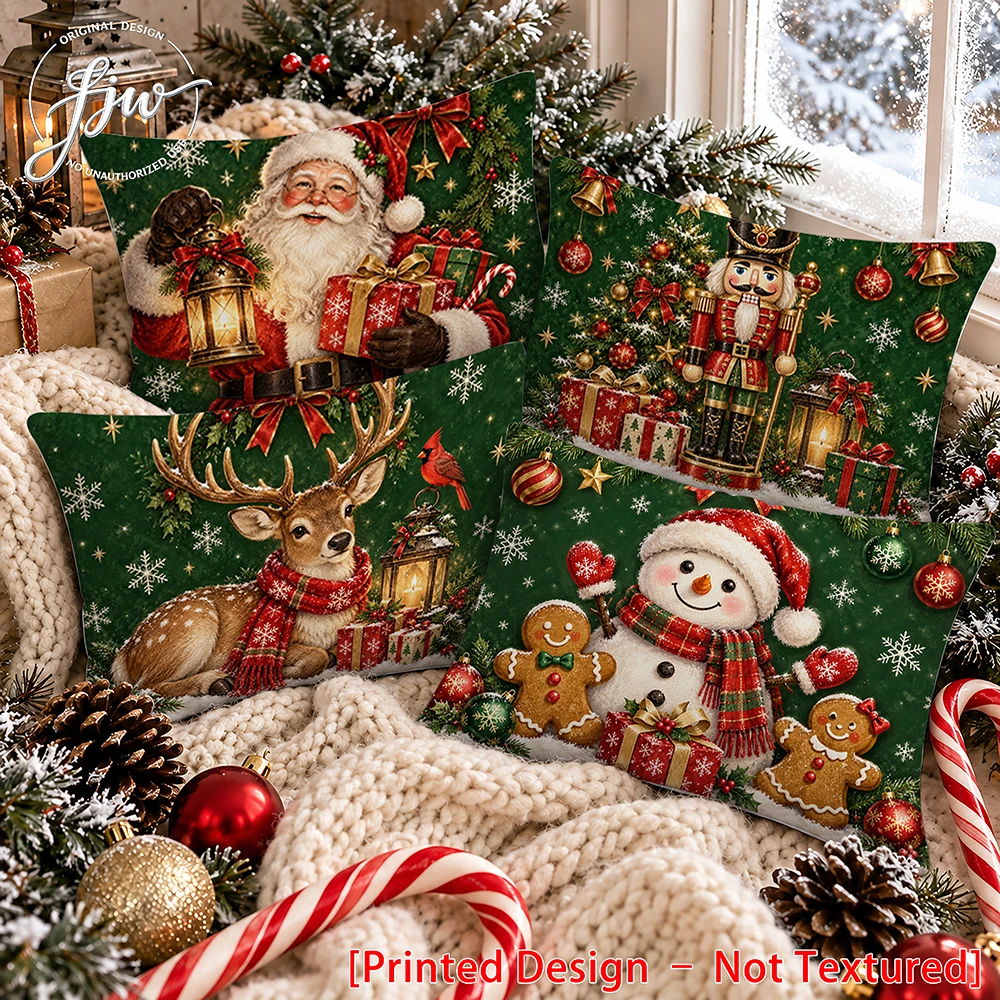 4pc Christmas Throw Pillow Covers, Santa Snowman Reindeer Nutcracker Winter Holiday Cushion Cases for Sofa Couch Bed