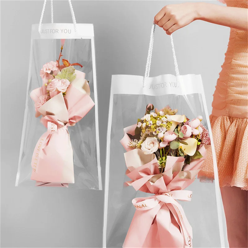 10 Pcs Rose Flower Tote Bags Clear Packaging Bags Handbag Bouquet Wrapping Floral Supplies Gift Bag Valentine\'s Day Decor