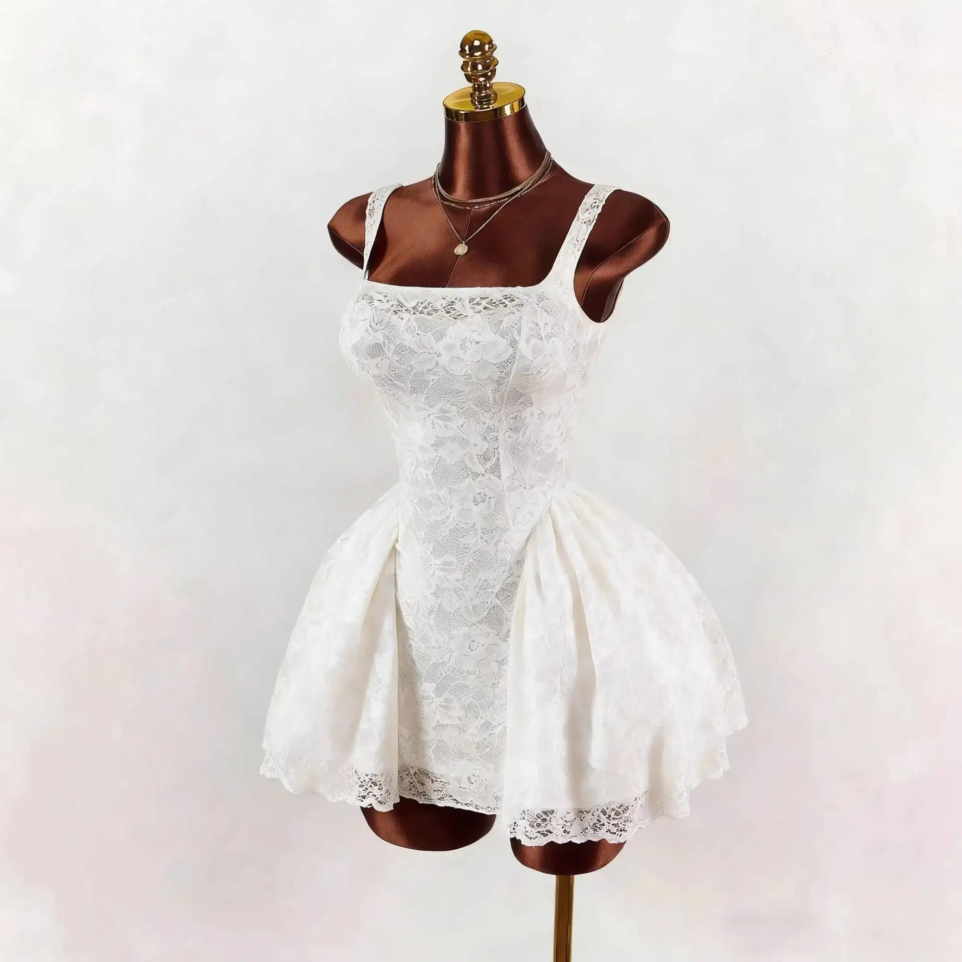 

New Women's White Lace Dress With Square Neckline, Wide Waistband, And Floral Puff Skirt