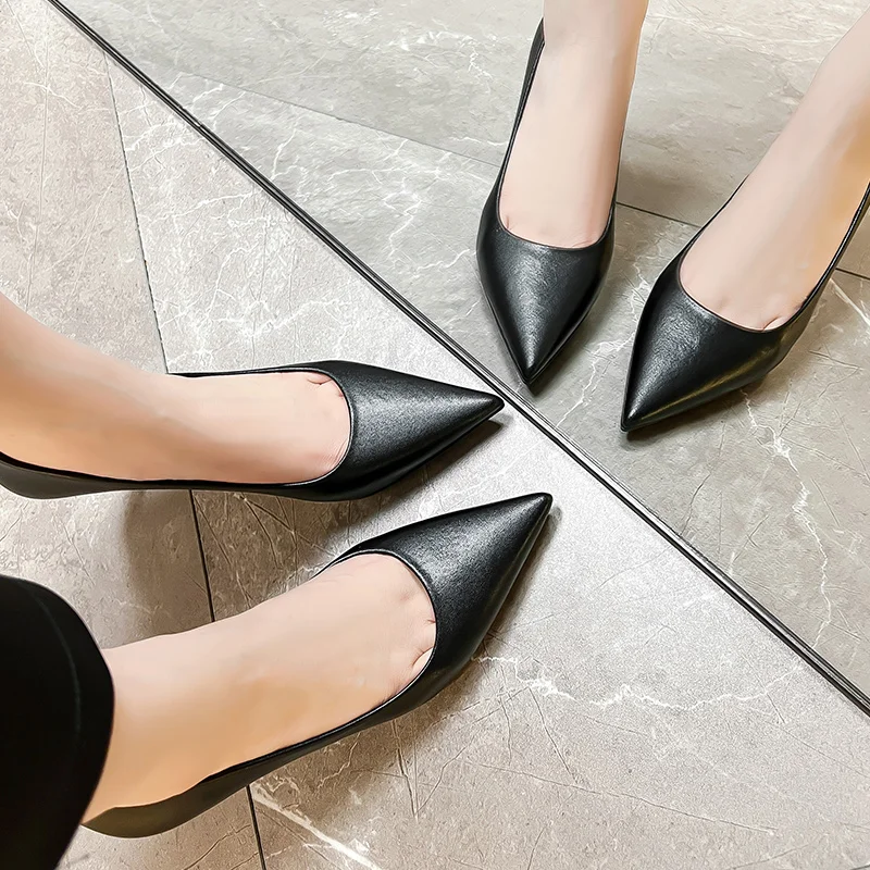 Women New Spring And Autumn Pointed-toe Pumps Thin High Heels Platform Professional Work Casual Single Shoes Black White C0004