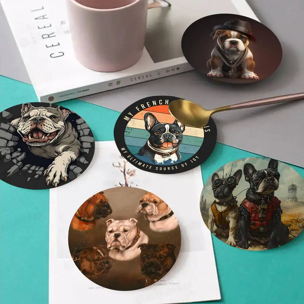 1pc Retro Bulldog Dog Wooden Coaster Colour Printing Cup Mat Home Desk Decoration Gifts