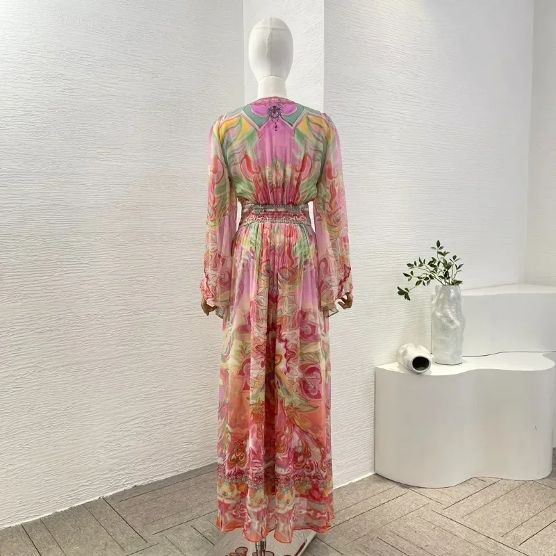 Women's Multicolor Floral Print V Neck Ptinting Vintage Fashion Ladies 2025 Long Sleeve Diamoinds Maxi Dresses