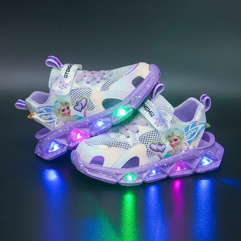 Chaussures de sport décontractées Disney avec lumière LED pour enfants, princesse Elsa, évidées, anti-rika, sandales Baotou pour filles, été, nouveau