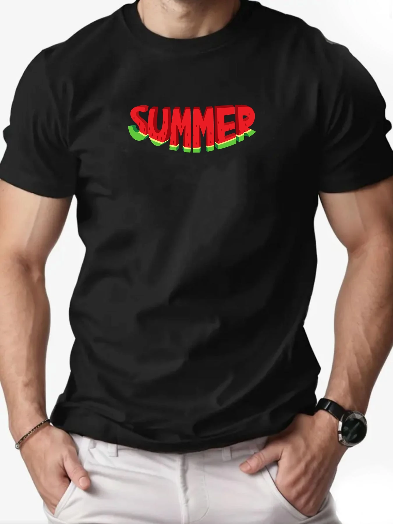 

Men's cotton T-shirt, watermelon character SUMMER summer round neck short sleeve graphic breathable fashion casual T-shirt