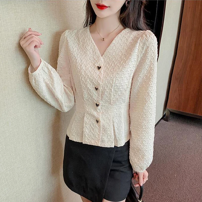 Women Clothing 2024 Spring Autumn Ruffled Sweet Chic Shirts Elegant Fashion V Neck Slim Fit Blouse Female Solid Long Sleeve Tops