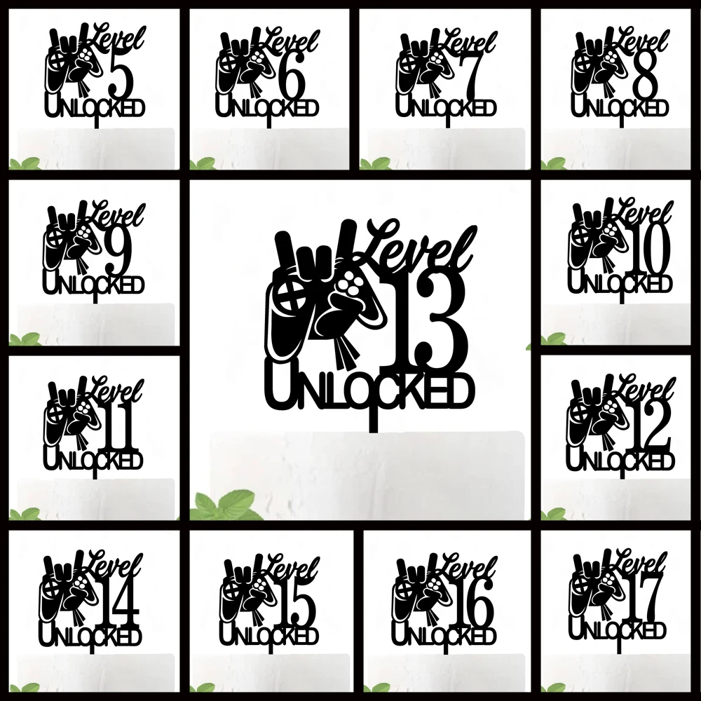 Video Game Level 17 Unlocked Birthday Cake Topper Acrylic Black Boys 10 12 13 14 15 16 Baby Shower Level Up Party Decoration