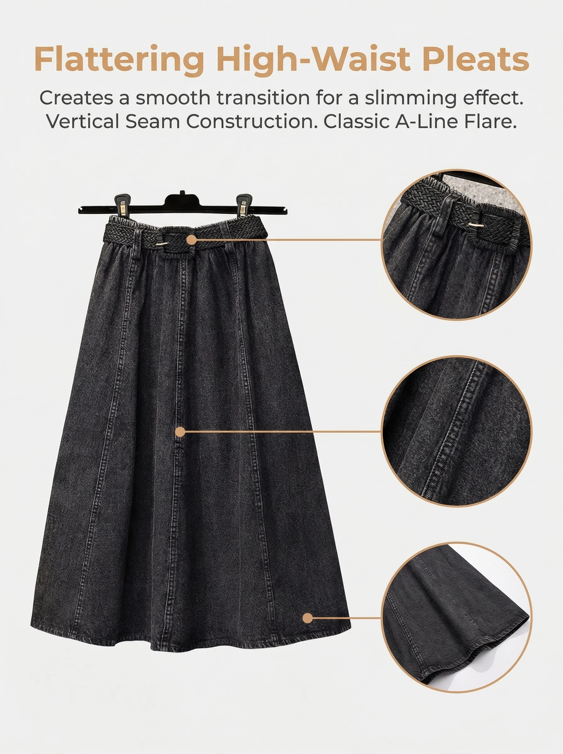 Röcke für Damen, übergroß, elastisch, hohe Taille, plissiert, lässig, lange Röcke, All-Match-Jeansröcke in A-Linie, für Bürodamen – Detail 2