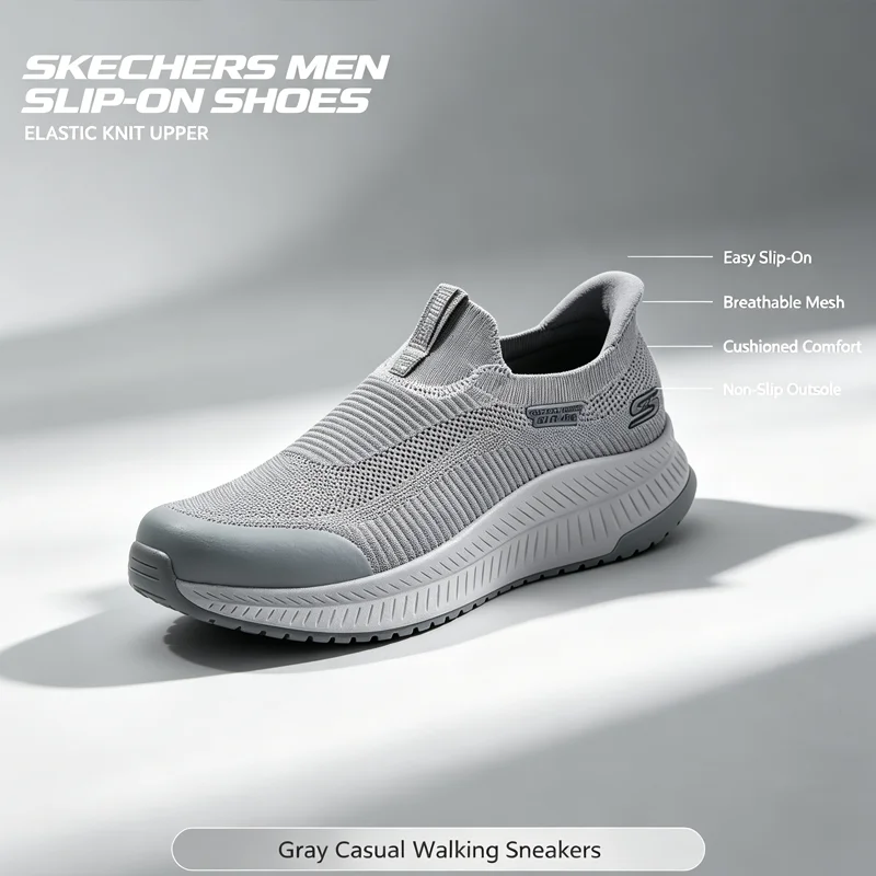 Skechers Men Slip-ins Walking Shoes 118415-GRY Grey Breathable Knit Slip On Cushion Comfort Outdoor Gym Sneakers