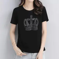 Fashion Black Tops Ladies Casual Diamonds Pullovers Short Sleeve Solid Color Women's Clothing Slim Interior Lapping T-Shirts