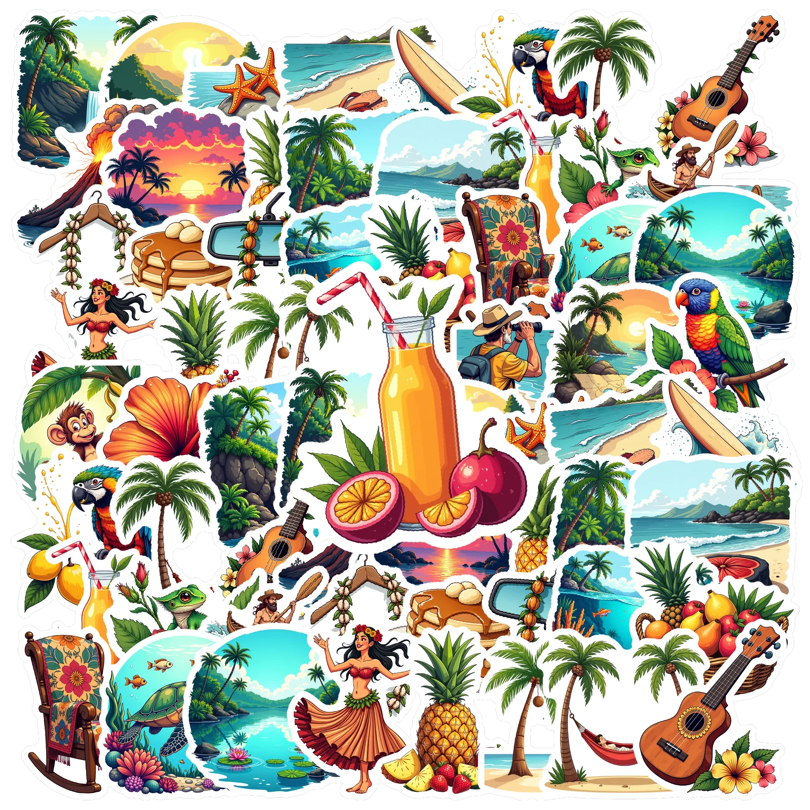 

35-70 шт. наклейки на тропическую гавайскую тематику, эстетические наклейки для телефона, ноутбука, чемодана, ноутбука, холодильника, канцелярские принадлежности, наклейка на стену