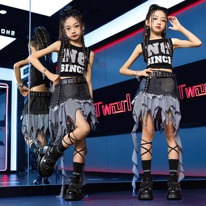 Chidren hip hop roupas hip hop menina conjunto de manga curta colheita camiseta meninas trajes de dança jazz menina modelo moda passarela