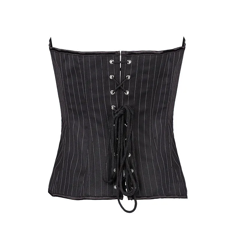 Sexy Halter Overbust Corsets With Cup Women Striped Office Party V-neck Push Up Corsets and Bustiers Lingerie Tops Korsett Black