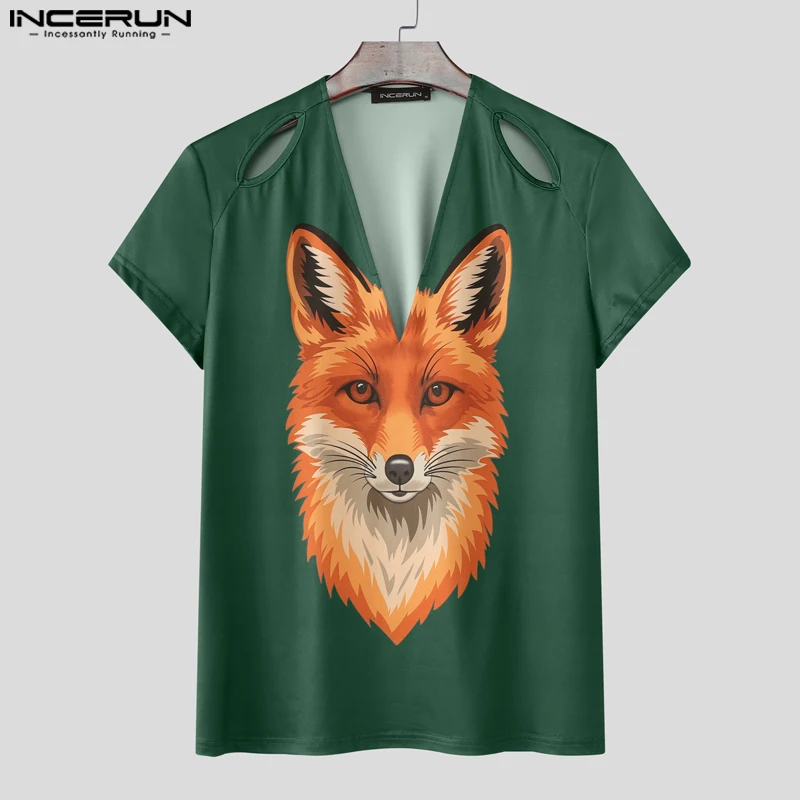 INCERUN الرجال تي شيرت الطباعة الجوف خارج الخامس الرقبة قصيرة الأكمام الذكور المحملة القمم الصيف الشارع الشهير 2025 موضة ملابس الرجال غير رسمية
