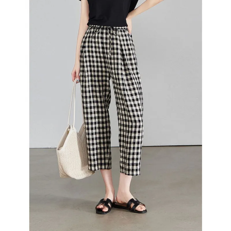 

Spring Autumn Women's Clothing Elastic High Waisted Contrast Color Flattering Pockets Plaid Casual Trousers Trousers Pants