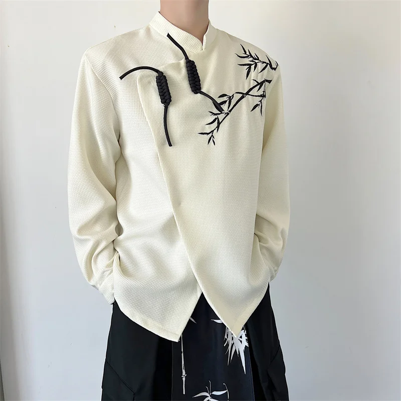 

Chinese Style Men Linen Shirt Bamboo Embroidery Slanted Placket Buckle Streetwear Stand Collar Long Sleeve Mens Loose Casual Top