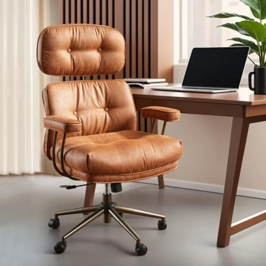 

Ergonomic Office Chair, High Back Faux Leather Executive Chairs with Thick Cushion, Comfy Mid-Century Modern Swivel Rolling Com