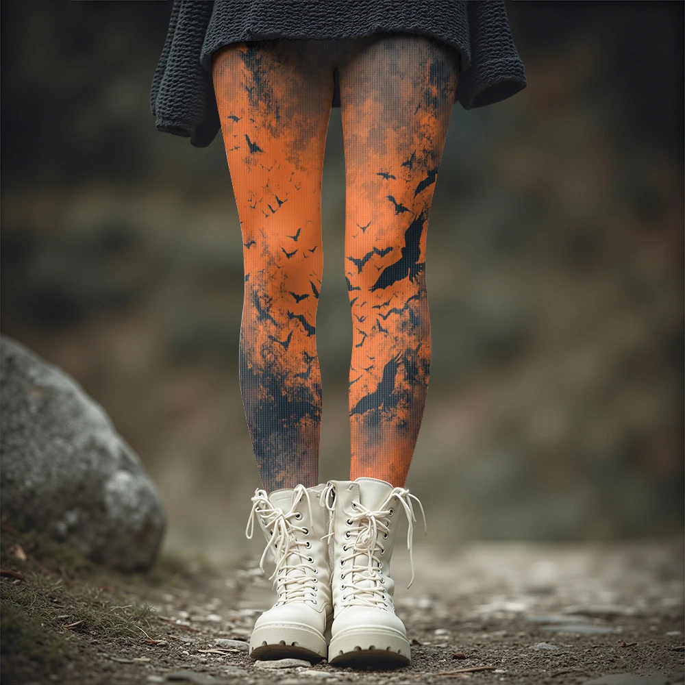 المرأة طماق الشتاء السميكة مع طباعة الخفافيش هالوين القوطي الشرير نمط الجوارب الحرارية روك شارع نمط السراويل الموضة حجم كبير