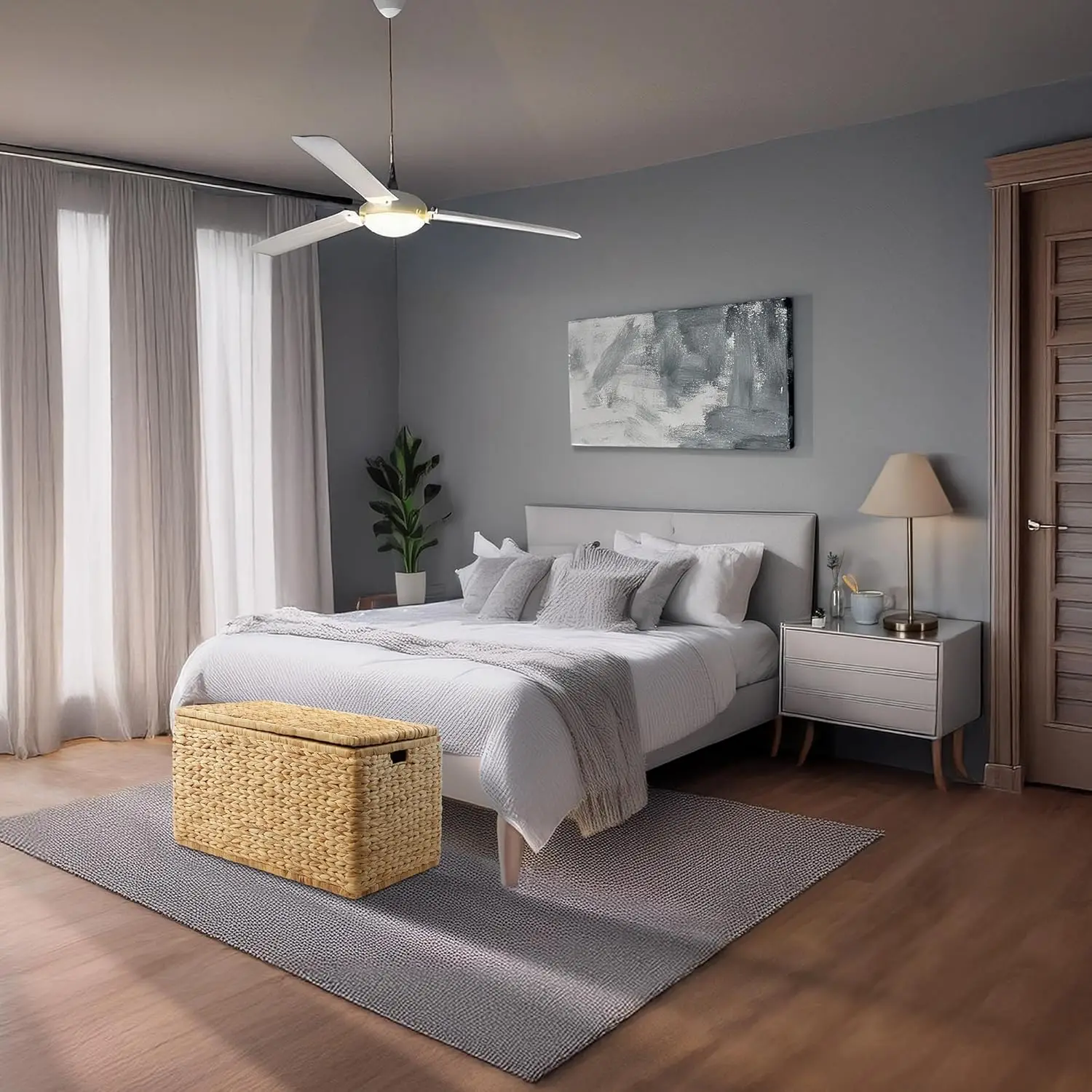 30" Storage Chest with Lid, Handles, and Safety Hinge - Natural, Water Hyacinth Wicker Storage Trunk for Entry Way, Living Room,