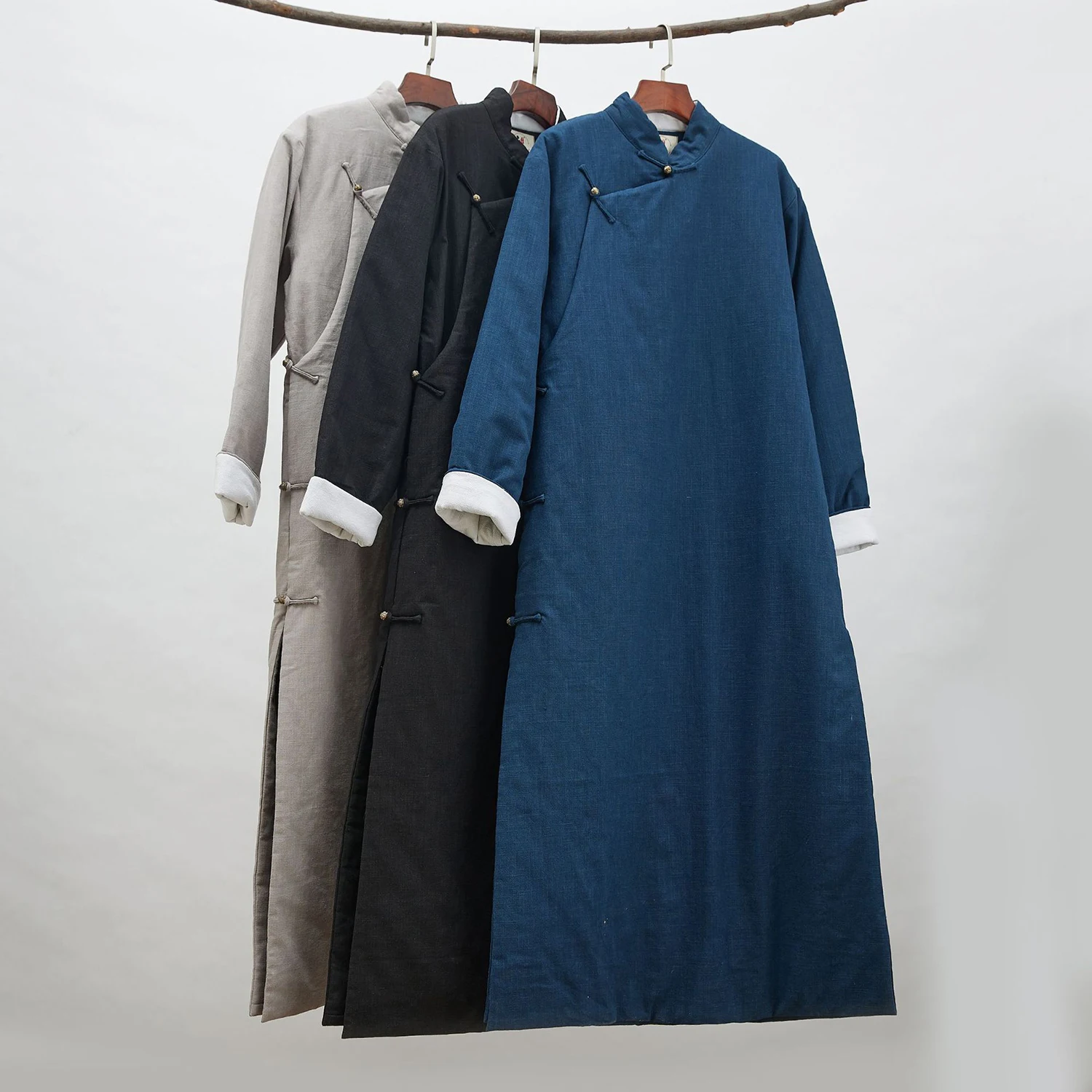 LZJN メンズ 秋冬唐スーツ 綿入り麻 無地 中国結び 綿入りロングコート (山西安マグア)