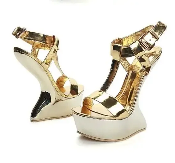T-strap Fretwork Heels Sandals For Woman Platform Wedge Sexy Open Toe Gold Leather Strange Shoes Ankle Strap High Heels Sandals