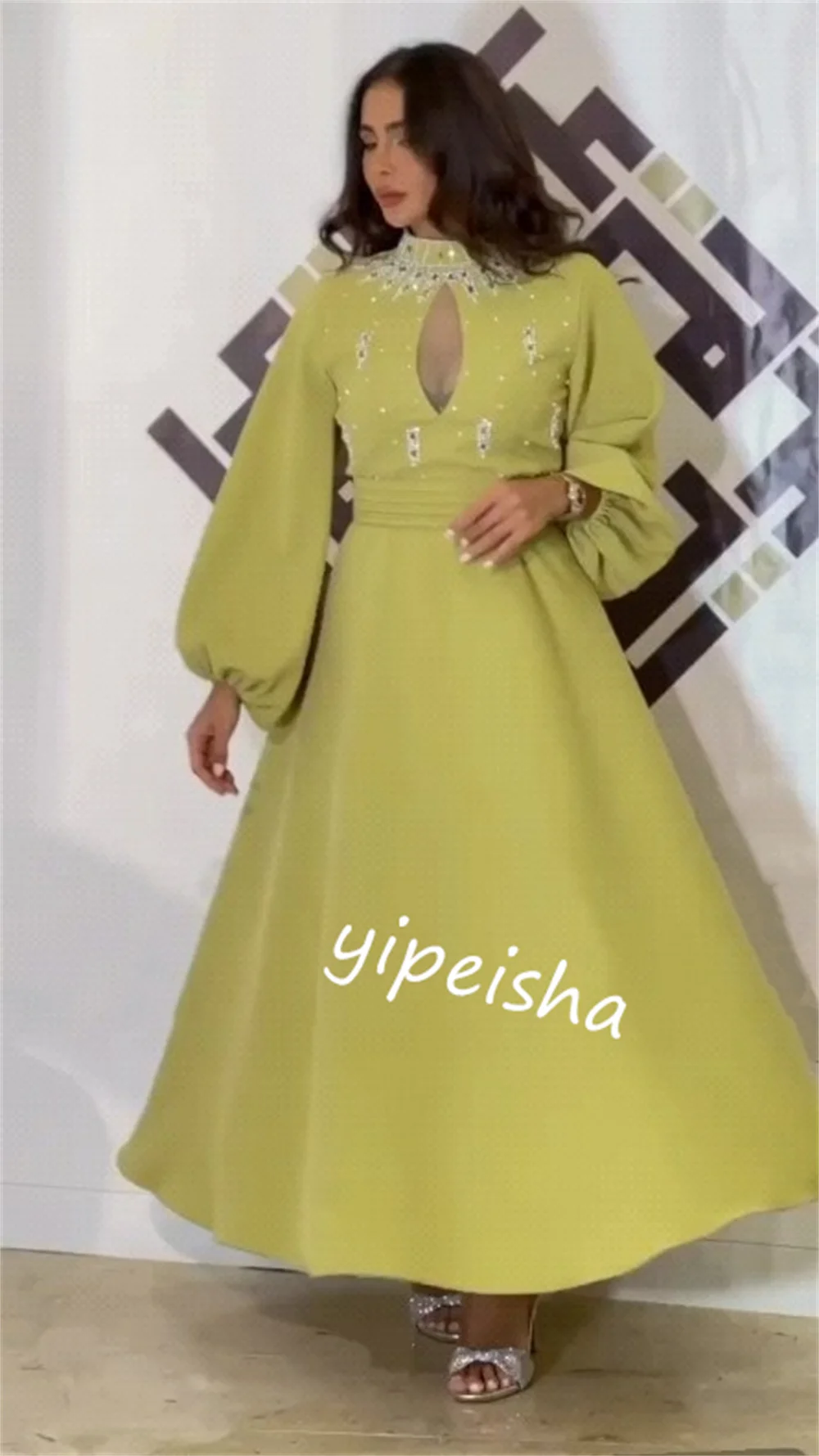 Customized  Evening Prom   Jersey Rhinestone Party A-line High Collar Bespoke Occasion Gown Midi es Saudi Arabia