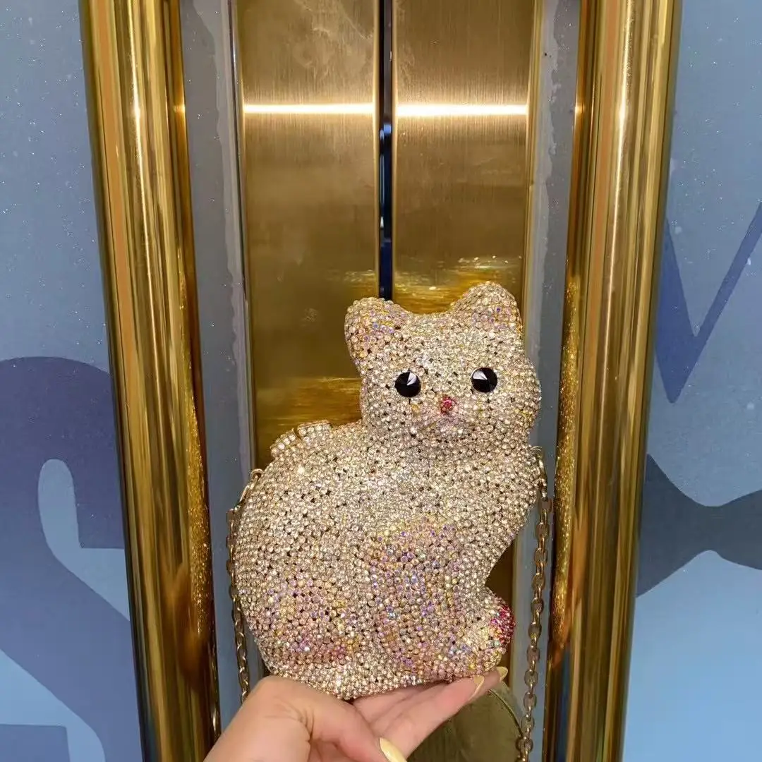 Gold Cute Cat Shape Women Handbag Wedding Party Crystal Rhinestones Diamond Clutch Purse Luxury Glitter Evening Bag Shoulder Bag