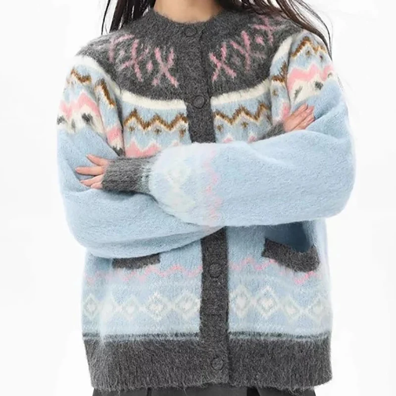 الأزرق الجاكار سترة مشغولة من الصوف المرأة الحلو كم طويل س الرقبة كسول الرياح سترة خمر خريف شتاء فضفاض عادية زر بلوزات جديدة #4