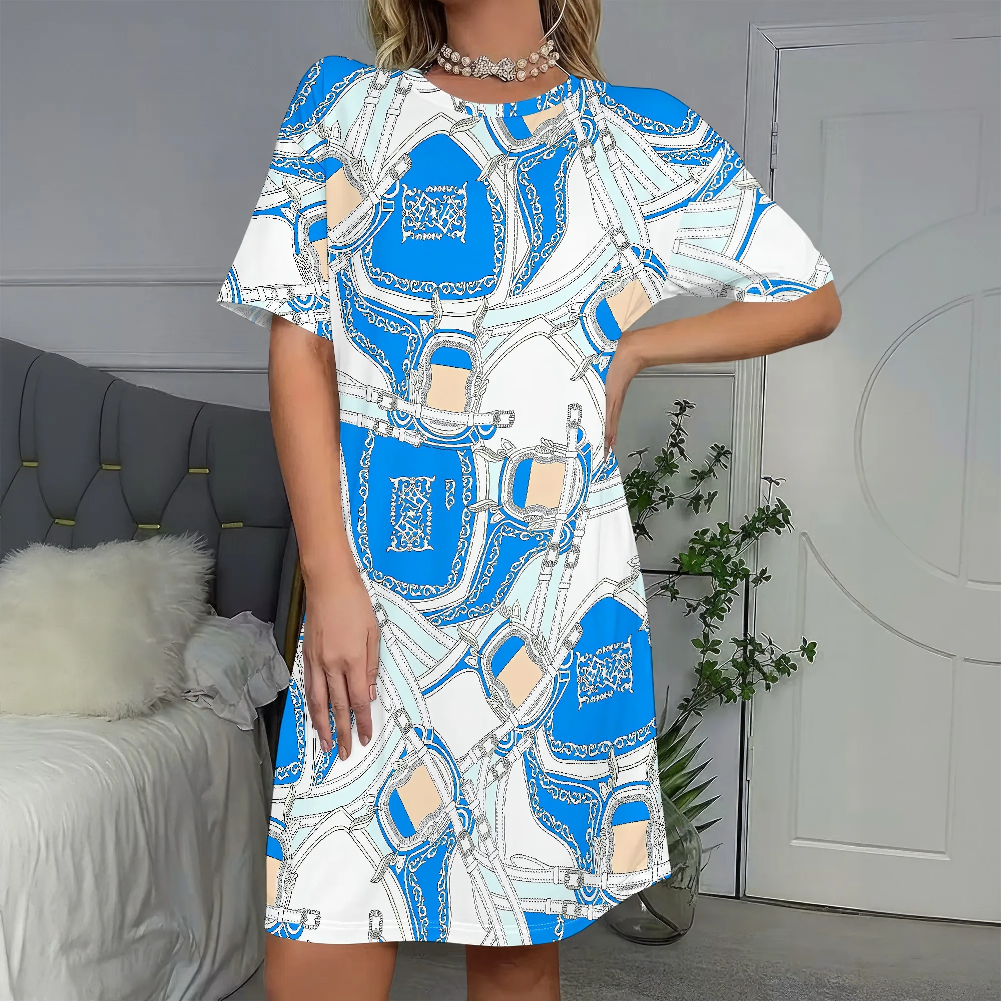 

Equestrian Print, Short Sleeve Dress, Blue & White Pattern, Casual Summer Wear, Beach Vacation Style, S-2XL