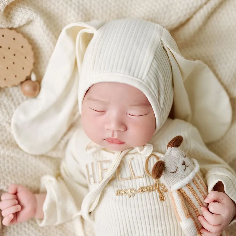 Accesorio de fotografía para recién nacido de 0 a 1 mes, traje de bebé tejido con tema crema Ins con sombrero de conejito a juego, accesorios para disparar