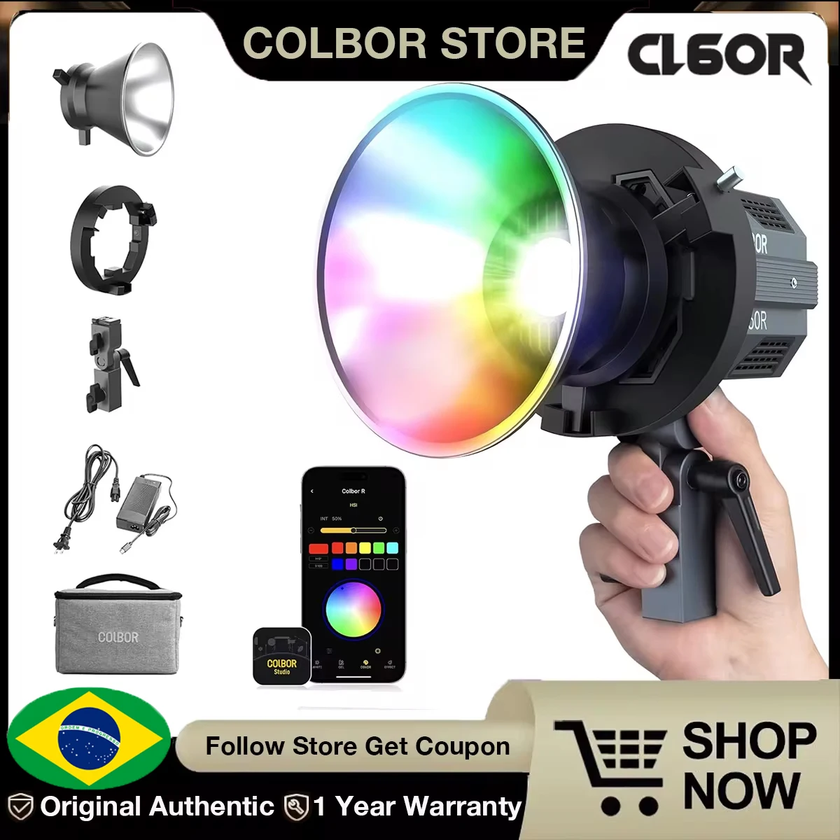 【Do Brasil】COLBOR CL60R RGB COB Continuous Output Lighting 65W 2700-6500K Full Color LED Light APP Control for Video Recording