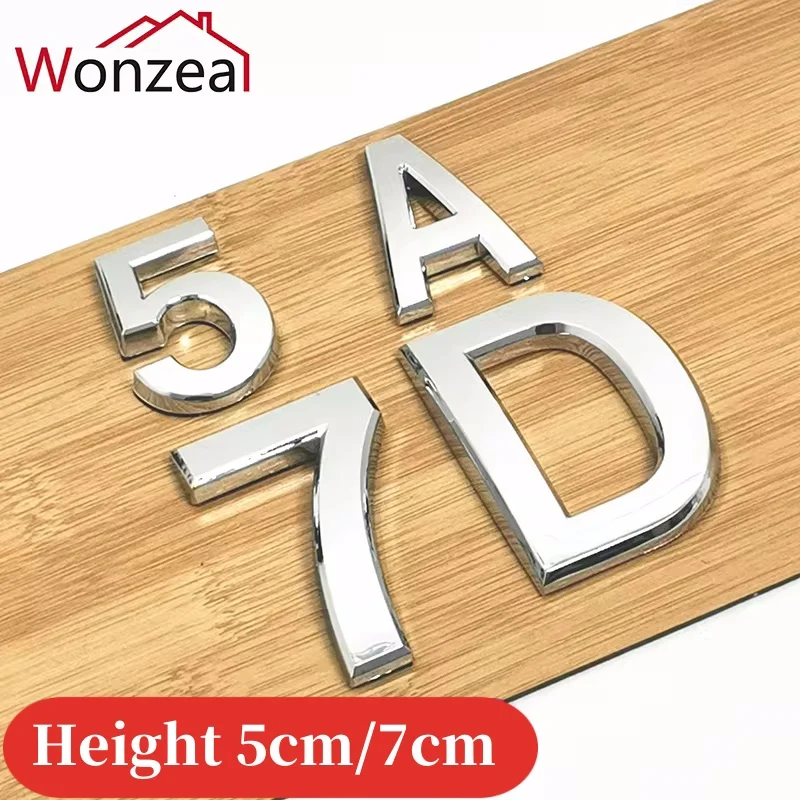 Height 5cm/7cm 0123456789 A to Z Modern Silver Plaque Number House Hotel Door Address Digits Sticker Plate Sign ABS Plastic