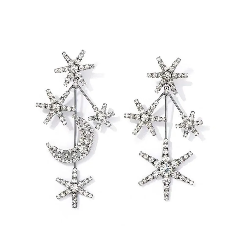 Rhinestone Asymmetrical Star Moon Long Drop Earrings Wedding Jewelry for Women Luxury Crystal Big Geometric Dangle Earrings Gift