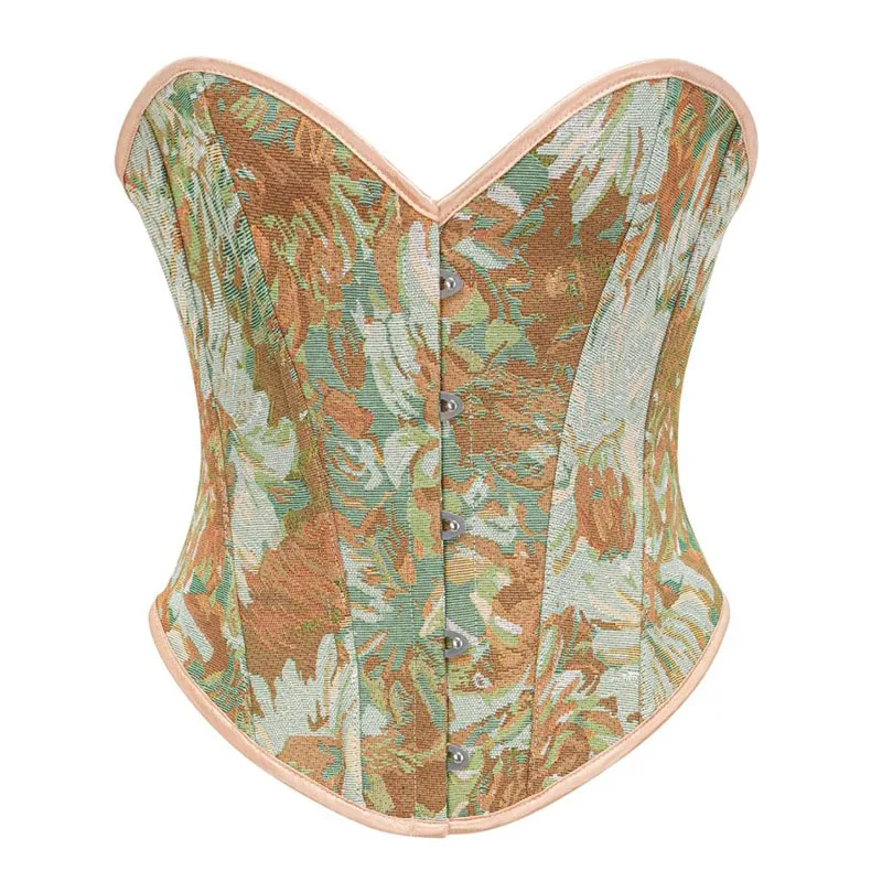 Floral Printed Overbust Steampunk Espartilho Corset Vintage Green Sexy Bustiers & Corsets Plus Size Gothic Clothing For Women