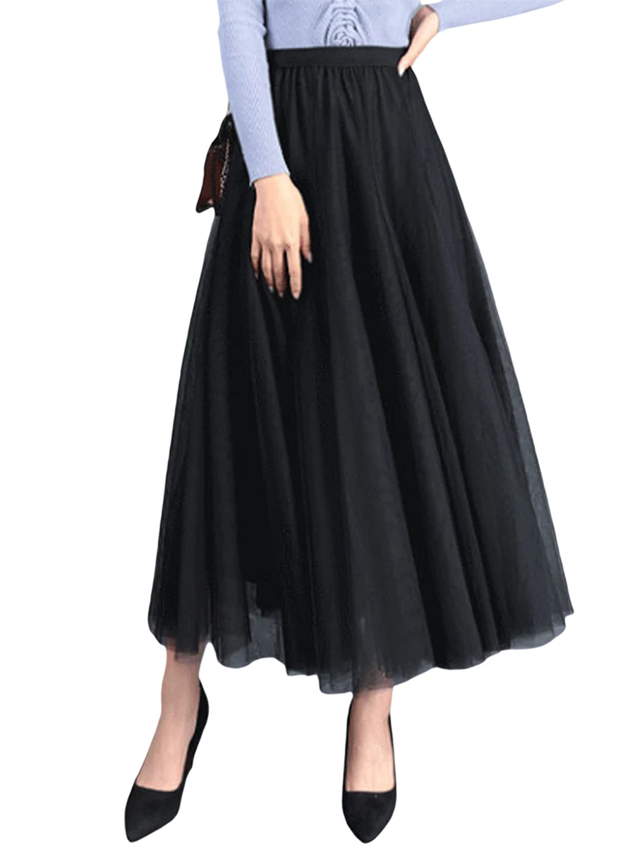 

Women s High Waist Mesh Skirt Lace Long Pleated Skirt Tulle Tutu A-Line Layered Midi Skirts