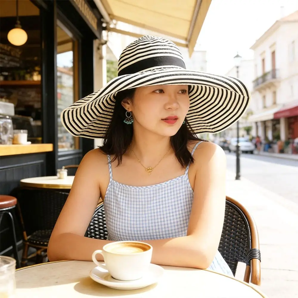 

with Windproof Strap Women Striped Fisherman Hat Solid Color versized Sunshade Hat Sun Protection Foldable Sunscreen Visor Cap