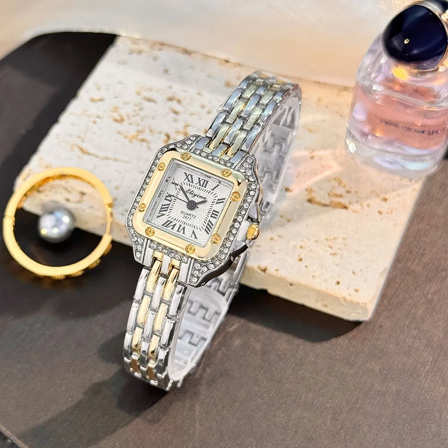 أزياء كلاسيكية بسيطة عارضة الفاخرة ساحة المرأة ووتش الماس جزءا لا يتجزأ من الأرقام الرومانية سوار كوارتز ساعة اليد