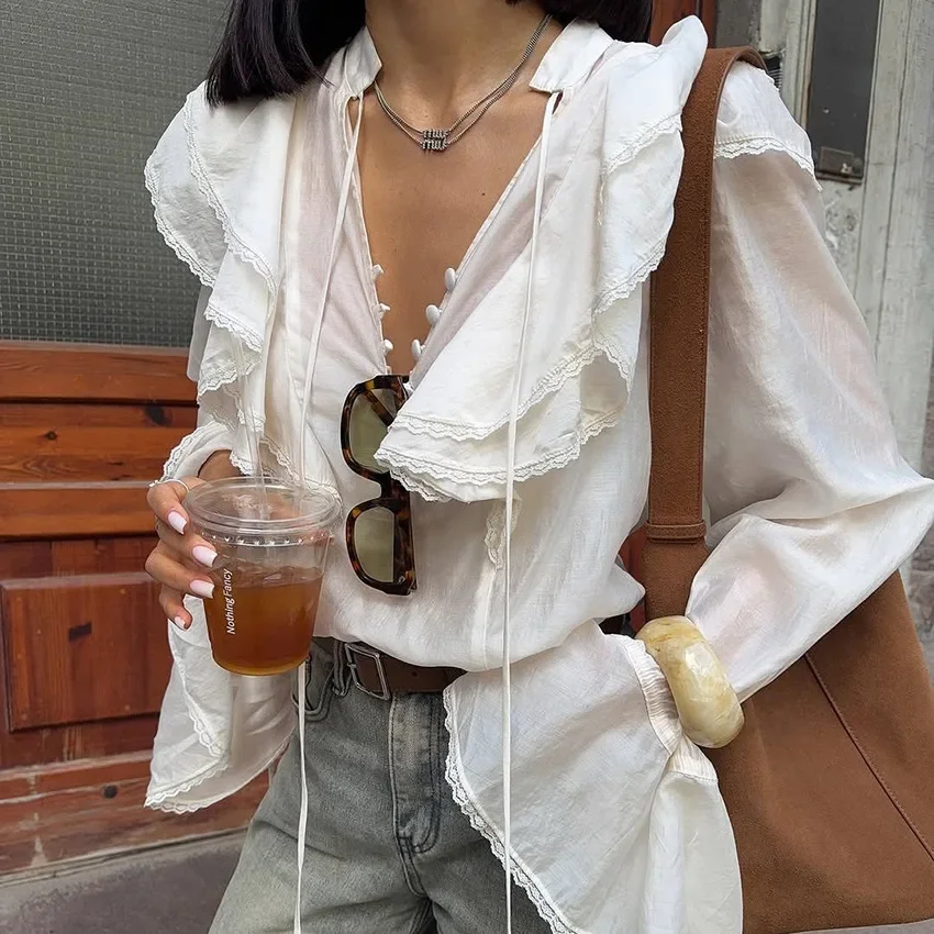 

2025 Autumn New Style V-neck Tie-Back Lace Long-Sleeved Shirt for Women - Stylish, Elegant, Fashionable and Casual